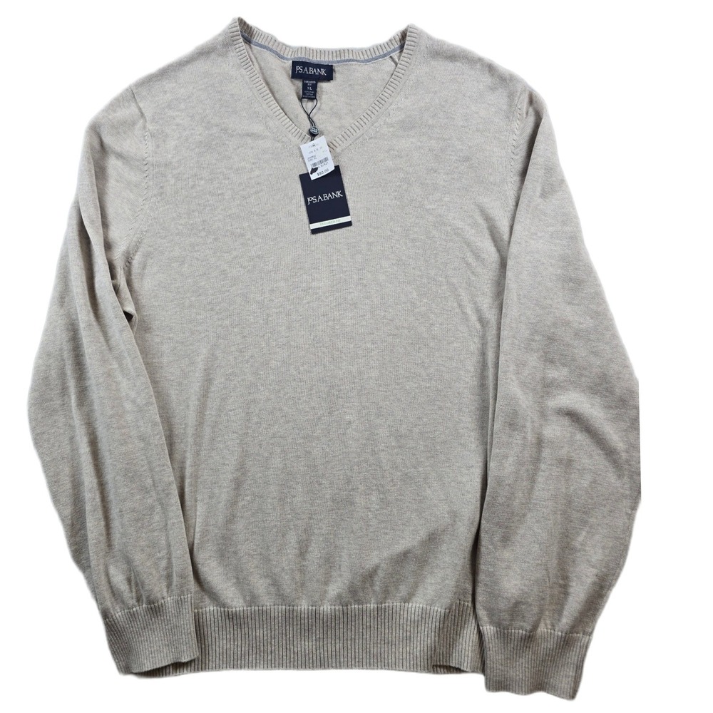 JoS. A. Bank V-Neck Sweater Mens XL Beige 100% Pima Cotton Tailored Fit NEW